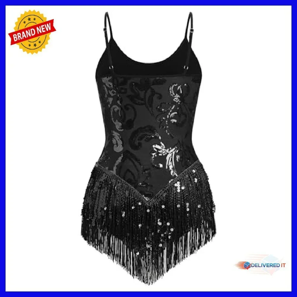 Sequin Fringe Bodysuit Latin Dance Leotard Rave Outfit XS-XL